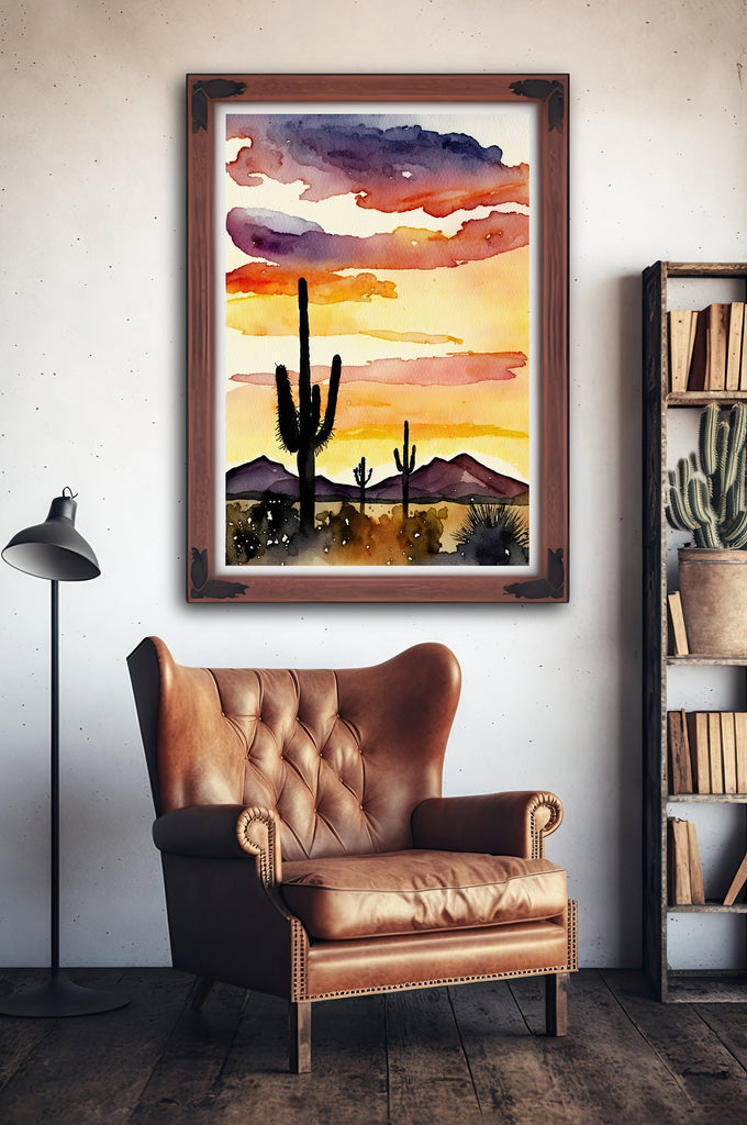 Desert Sunset Print Colorful Watercolor Wall Art Southwest Landscape Gift Saguaro Cactus Beautiful Nature Home Decor