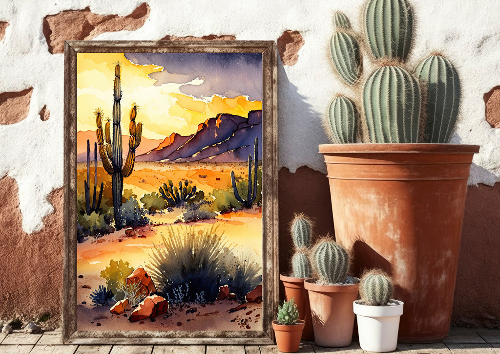 Desert Sunset Print Colorful Watercolor Wall Art Southwest Landscape Gift Saguaro Cactus Beautiful Nature Home Decor