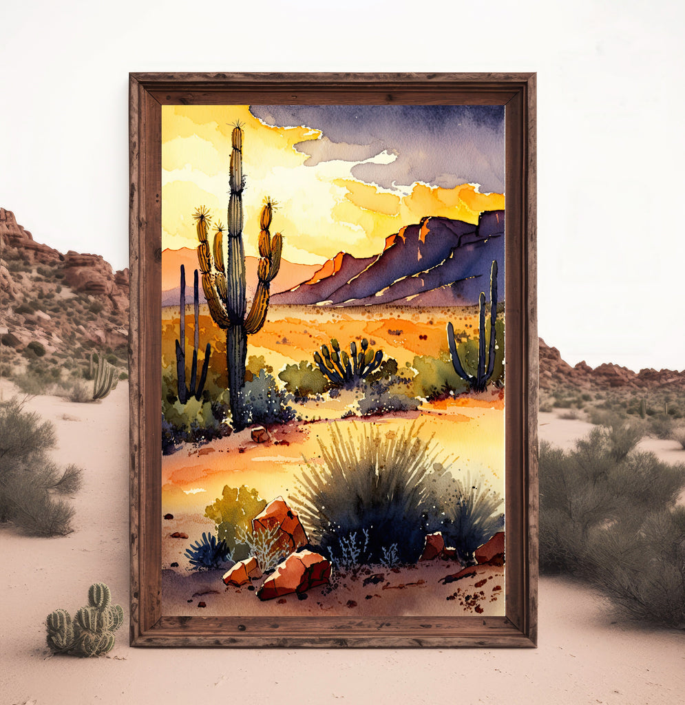 Desert Sunset Print Colorful Watercolor Wall Art Southwest Landscape Gift Saguaro Cactus Beautiful Nature Home Decor