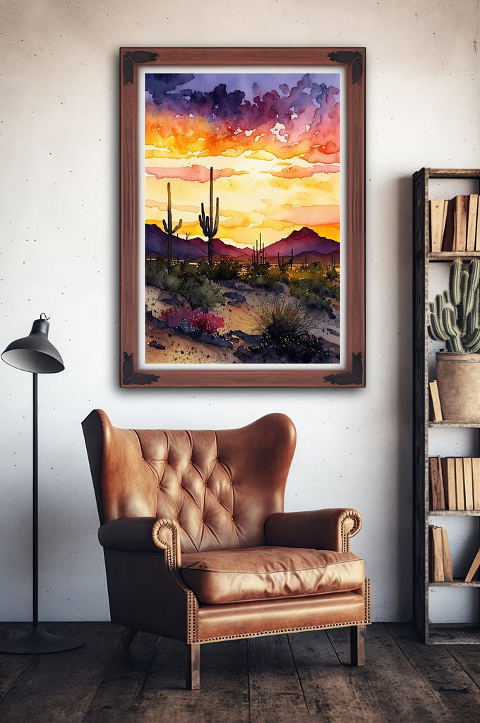 Desert Sunset Print Colorful Watercolor Wall Art Southwest Landscape Gift Saguaro Cactus Beautiful Nature Home Decor