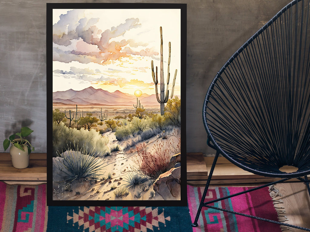 Desert Sunset Print Colorful Watercolor Wall Art Southwest Landscape Gift Saguaro Cactus Beautiful Nature Home Decor