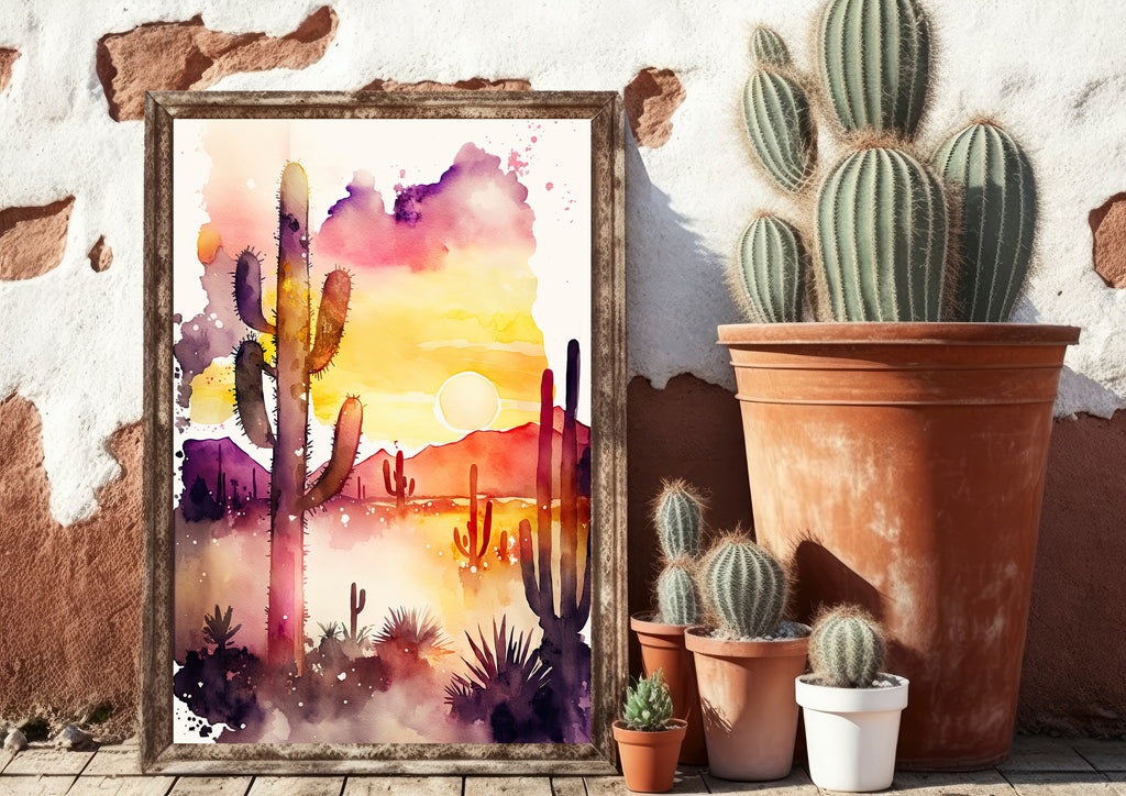 Desert Sunset Print Colorful Watercolor Wall Art Southwest Landscape Gift Saguaro Cactus Beautiful Nature Home Decor