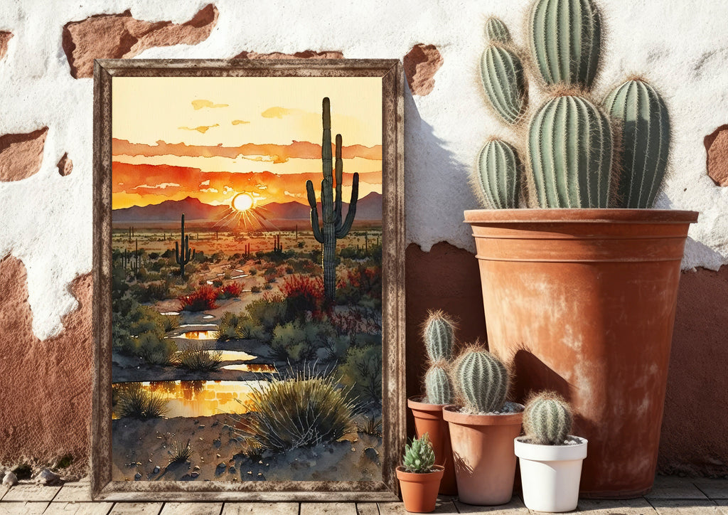 Desert Sunset Print Colorful Watercolor Wall Art Southwest Landscape Gift Saguaro Cactus Beautiful Nature Home Decor