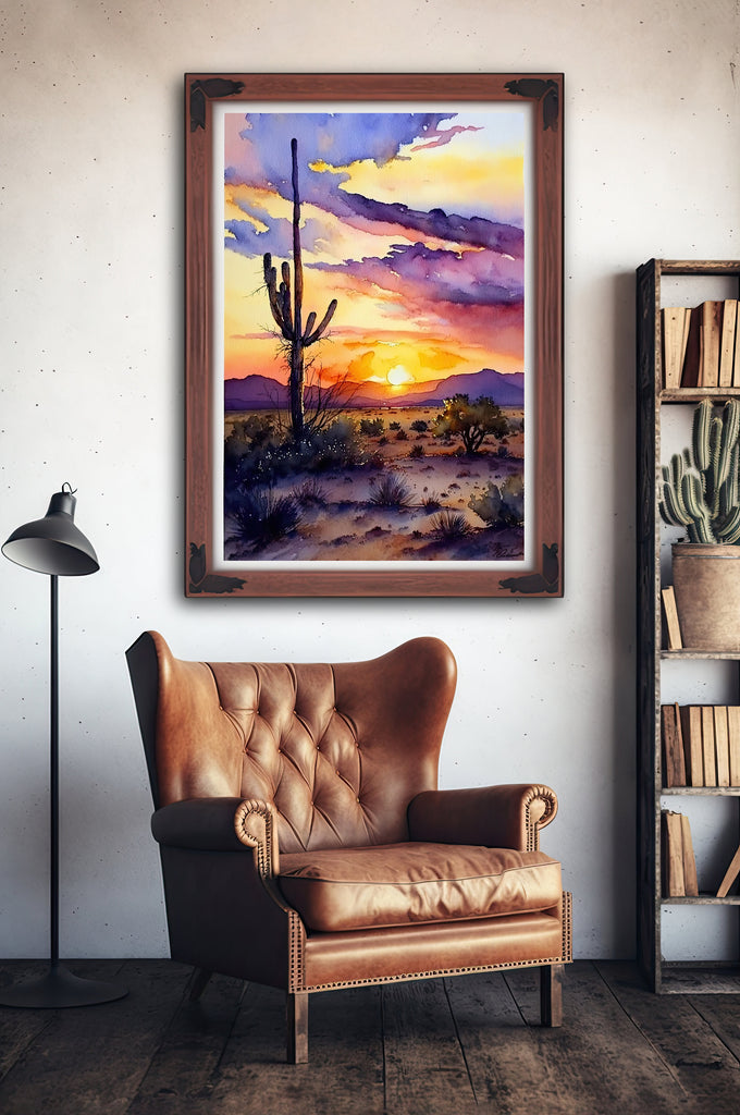 Desert Sunset Print Colorful Watercolor Wall Art Southwest Landscape Gift Saguaro Cactus Beautiful Nature Home Decor