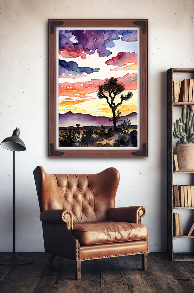 Joshua Tree Desert Sunset Print Colorful Watercolor Wall Art Southwest Landscape Gift Saguaro Cactus Beautiful Nature Home Decor