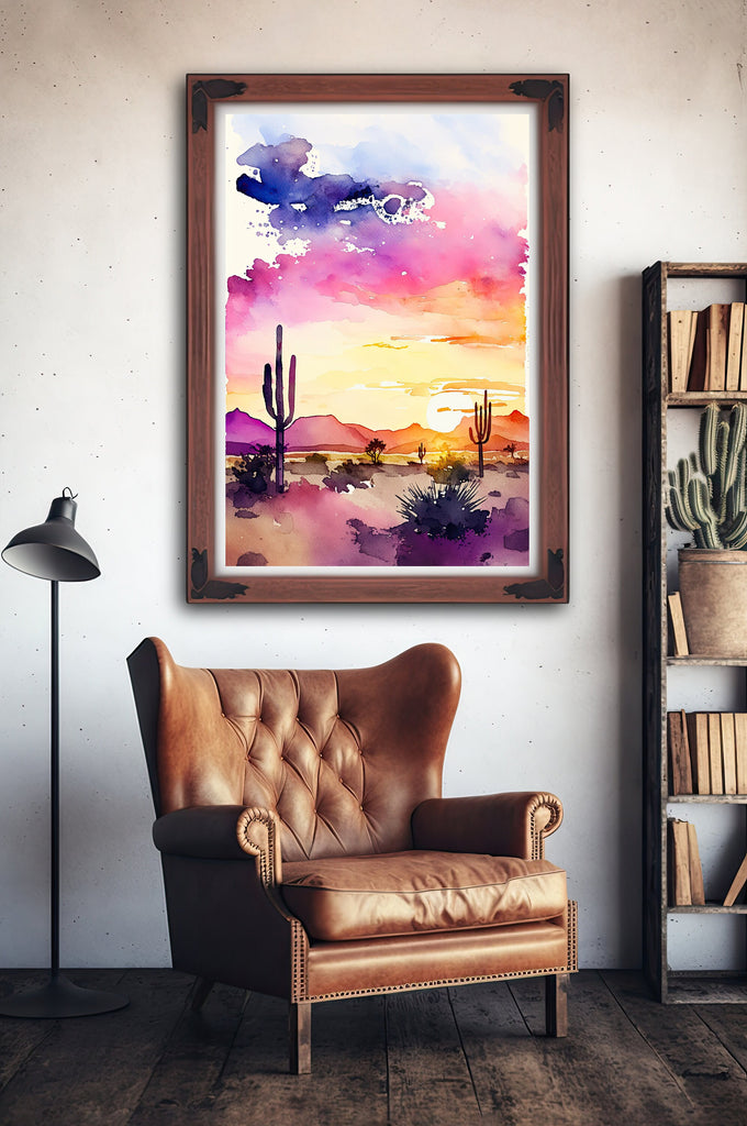 Desert Sunset Print Colorful Watercolor Wall Art Southwest Landscape Gift Saguaro Cactus Beautiful Nature Home Decor