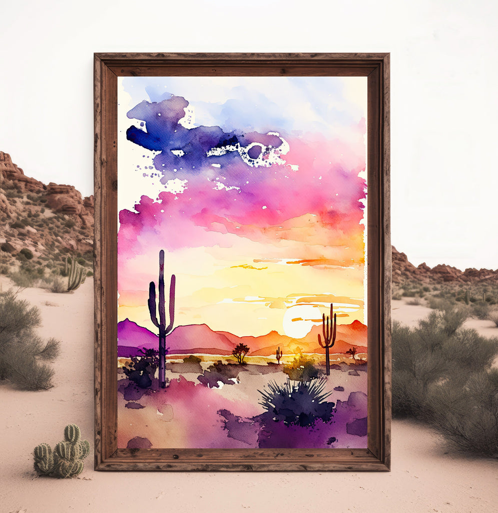Desert Sunset Print Colorful Watercolor Wall Art Southwest Landscape Gift Saguaro Cactus Beautiful Nature Home Decor
