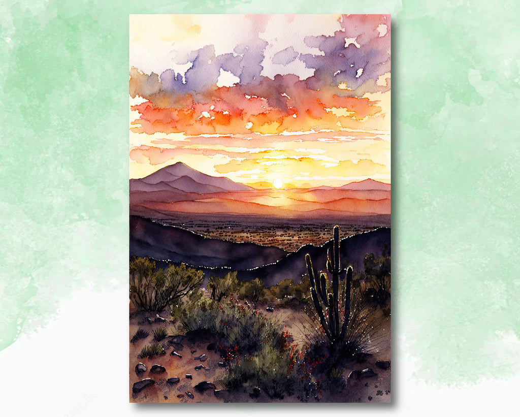 Desert Sunset Print Colorful Watercolor Wall Art Southwest Landscape Gift Saguaro Cactus Beautiful Nature Home Decor