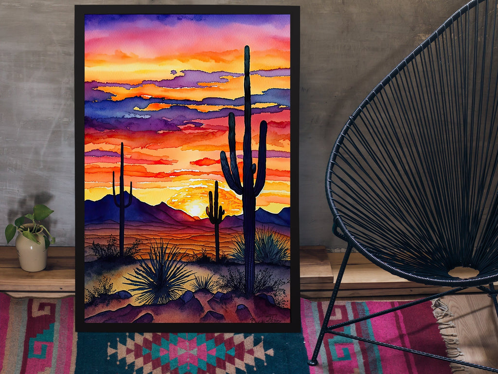 Desert Sunset Print Colorful Watercolor Wall Art Southwest Landscape Gift Saguaro Cactus Beautiful Nature Home Decor