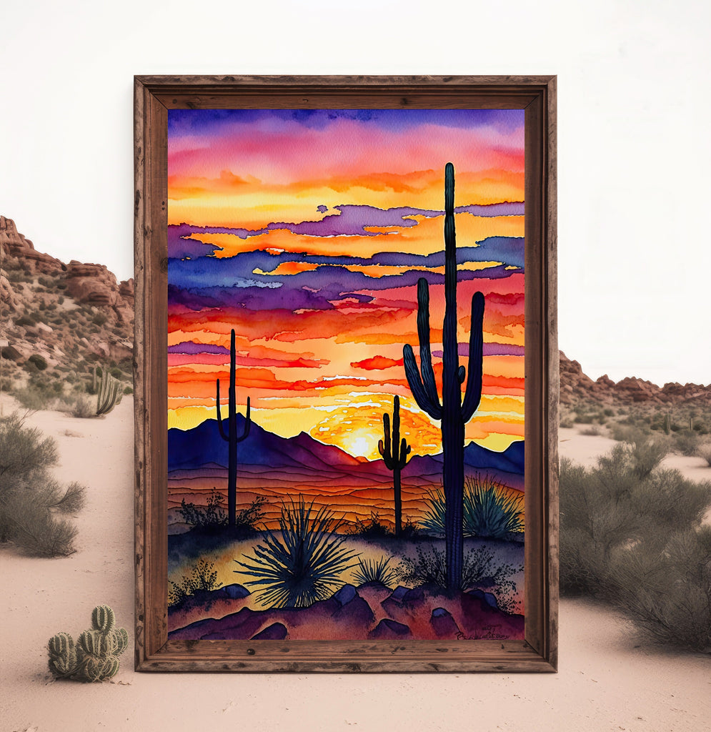 Desert Sunset Print Colorful Watercolor Wall Art Southwest Landscape Gift Saguaro Cactus Beautiful Nature Home Decor