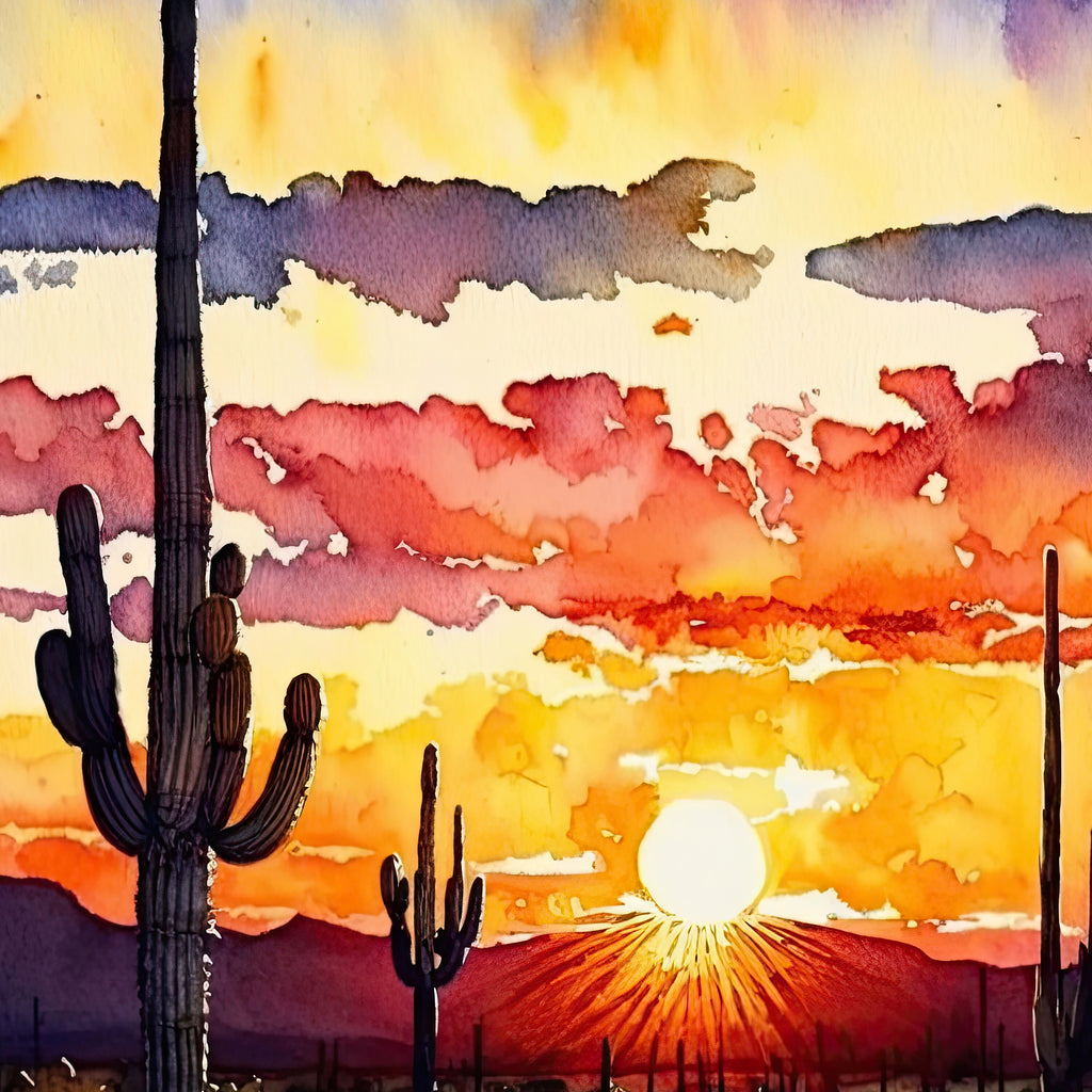 Desert Sunset Print Colorful Watercolor Wall Art Southwest Landscape Gift Saguaro Cactus Beautiful Nature Home Decor