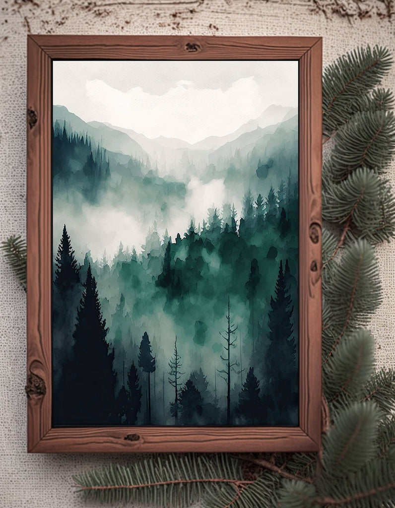 Watercolor Forest Landscape Sage Green Wall Art Painting Pine Tree Nature Landscape Gift Woodland Home Decor