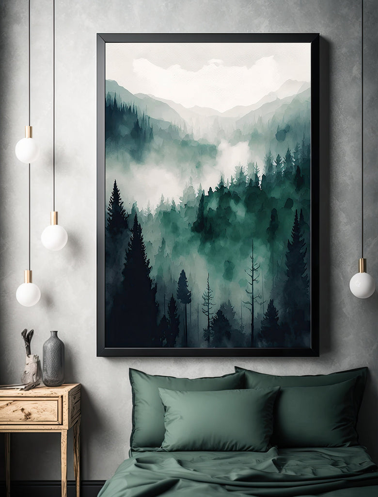 Watercolor Forest Landscape Sage Green Wall Art Painting Pine Tree Nature Landscape Gift Woodland Home Decor