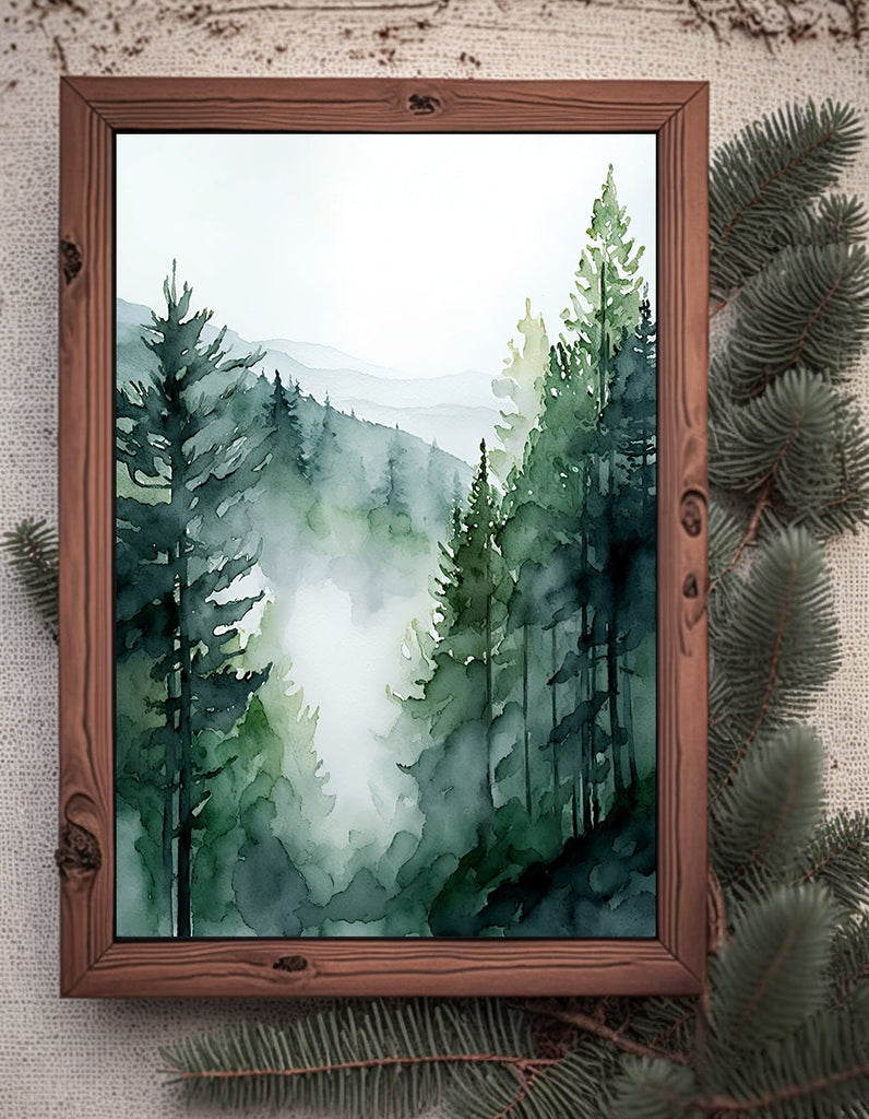 Watercolor Forest Landscape Sage Green Wall Art Painting Pine Tree Nature Landscape Gift Woodland Home Decor