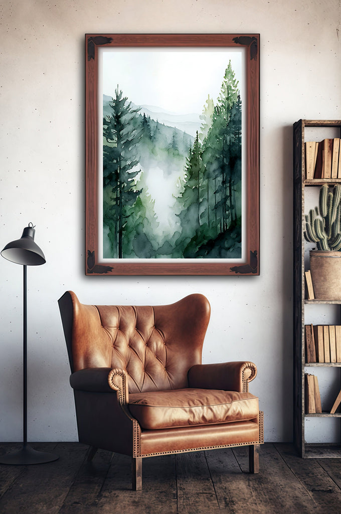 Watercolor Forest Landscape Sage Green Wall Art Painting Pine Tree Nature Landscape Gift Woodland Home Decor