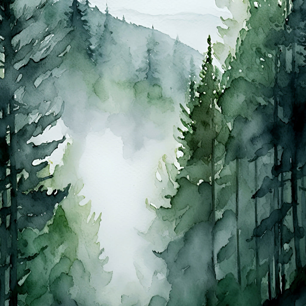 Watercolor Forest Landscape Sage Green Wall Art Painting Pine Tree Nature Landscape Gift Woodland Home Decor