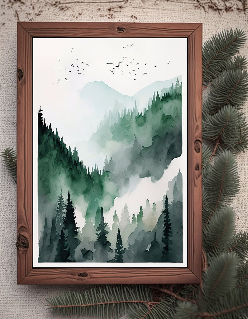 Watercolor Forest Landscape Sage Green Wall Art Painting Pine Tree Nature Landscape Gift Woodland Home Decor