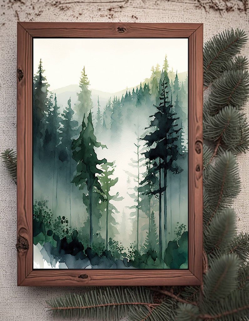 Watercolor Forest Landscape Sage Green Wall Art Painting Pine Tree Nature Landscape Gift Woodland Home Decor