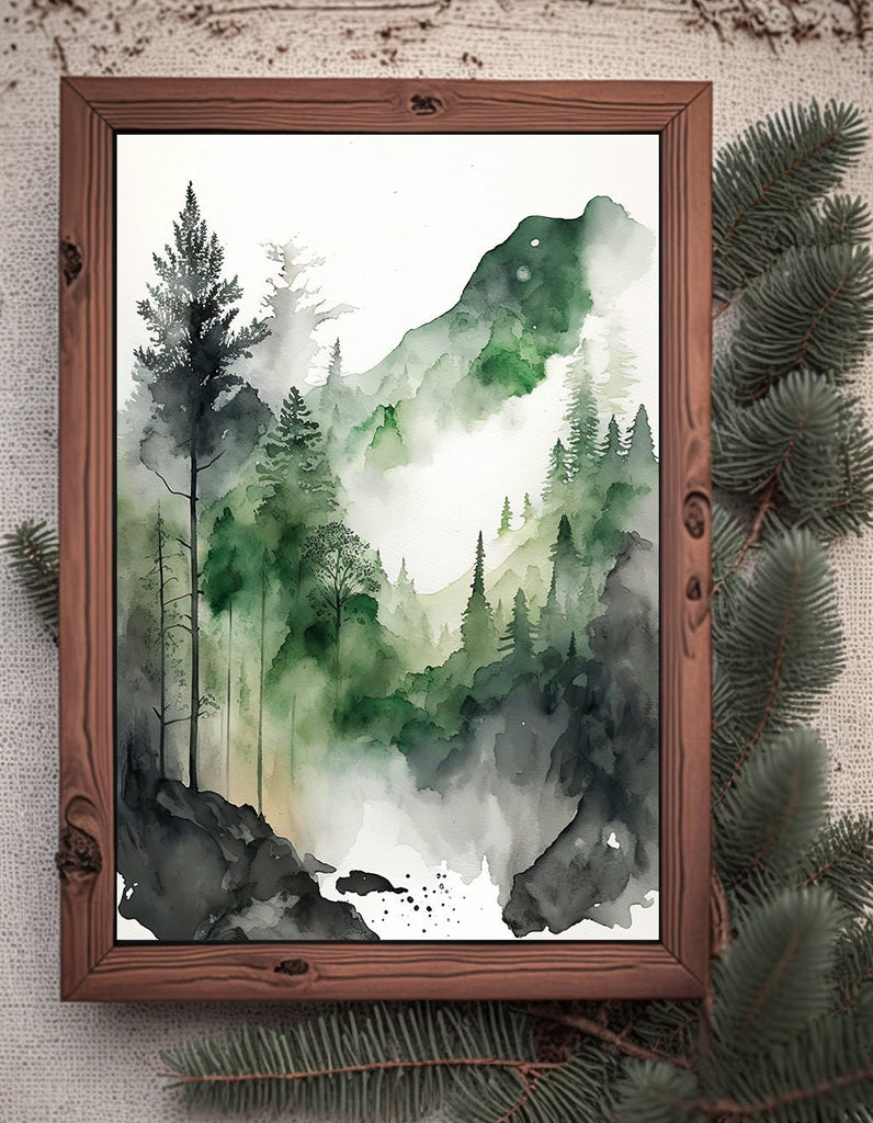 Watercolor Forest Landscape Sage Green Wall Art Painting Pine Tree Nature Landscape Gift Woodland Home Decor