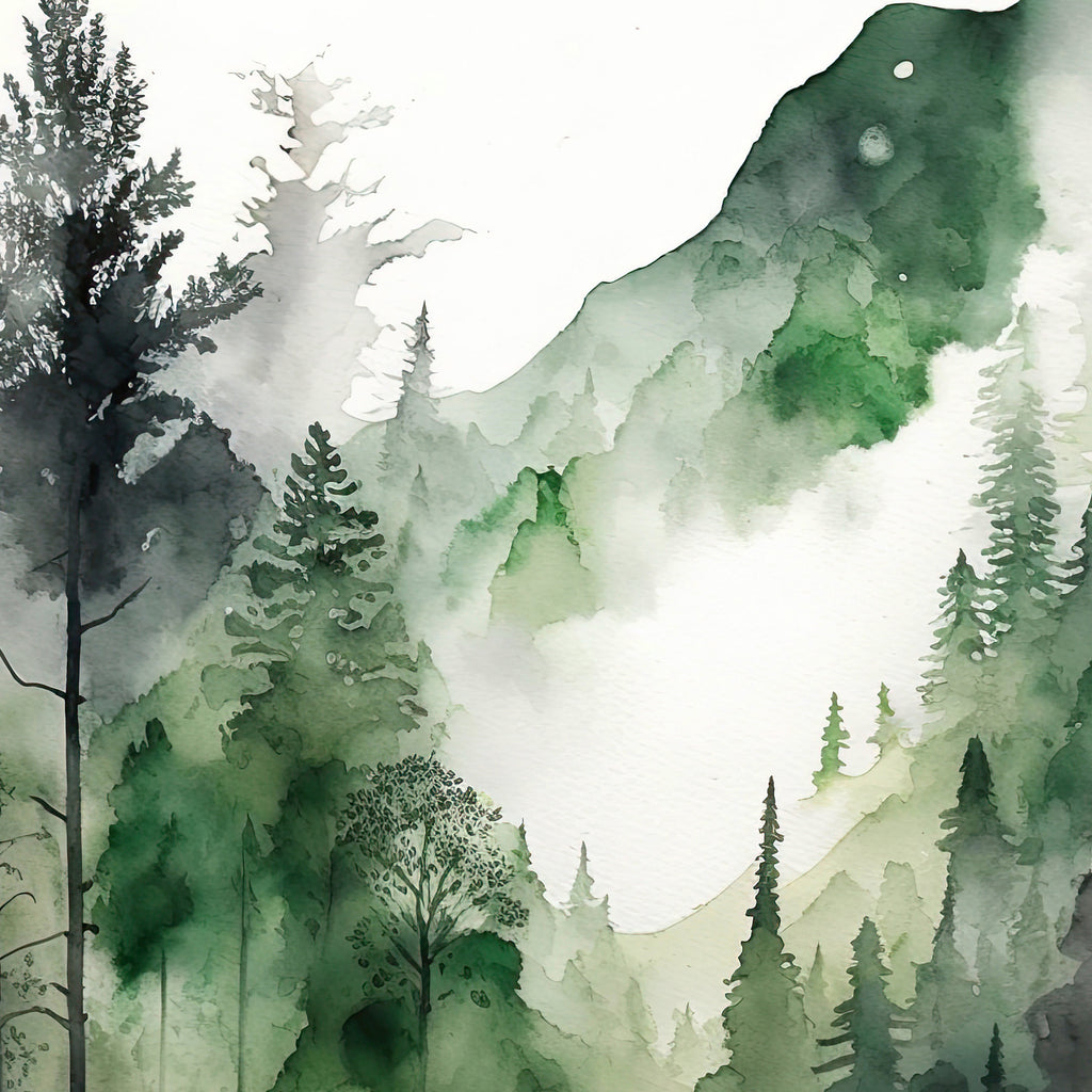 Watercolor Forest Landscape Sage Green Wall Art Painting Pine Tree Nature Landscape Gift Woodland Home Decor