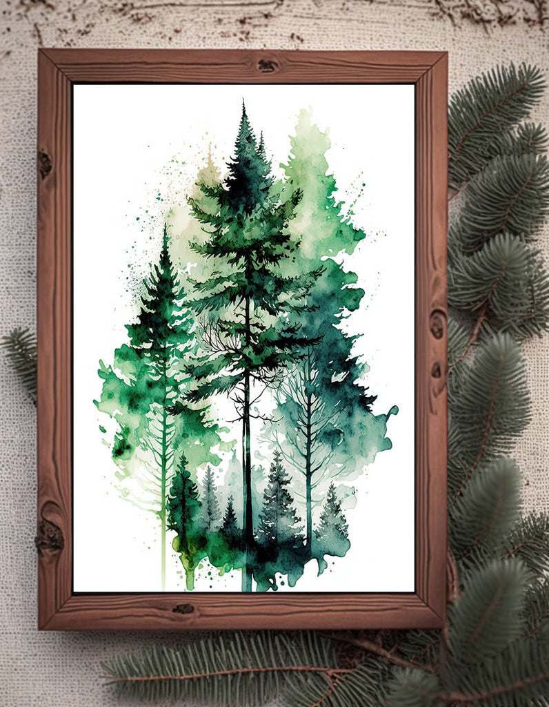 Watercolor Forest Landscape Sage Green Wall Art Painting Pine Tree Nature Landscape Gift Woodland Home Decor