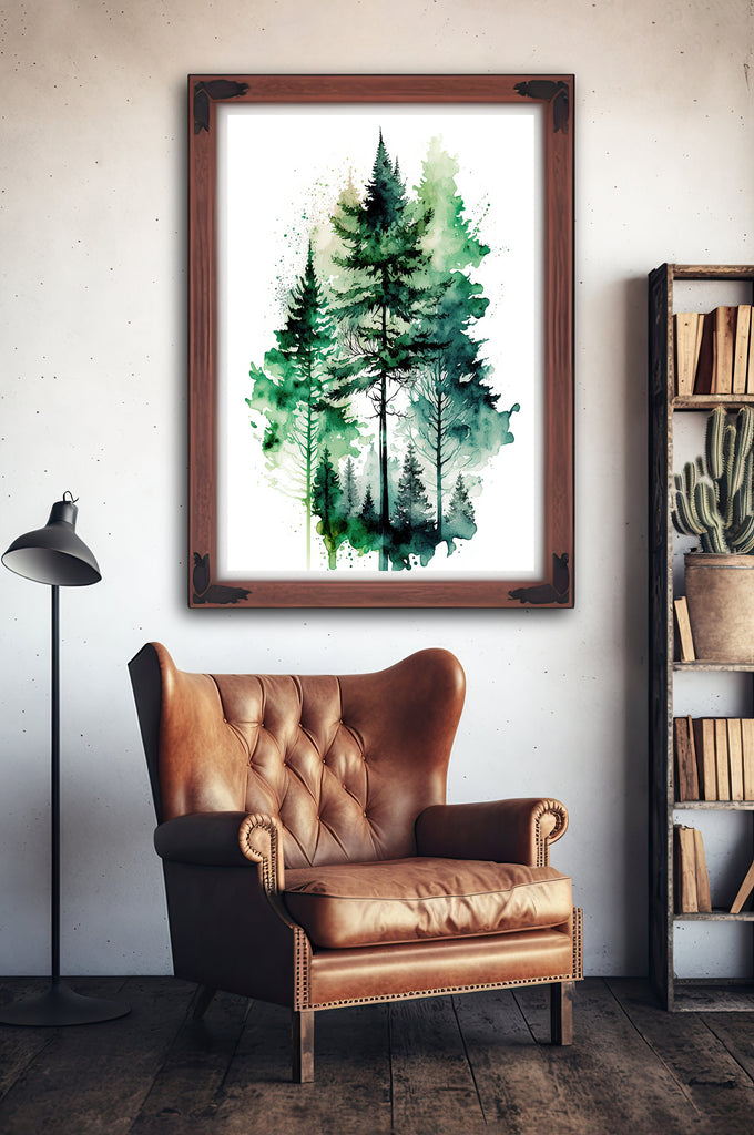 Watercolor Forest Landscape Sage Green Wall Art Painting Pine Tree Nature Landscape Gift Woodland Home Decor