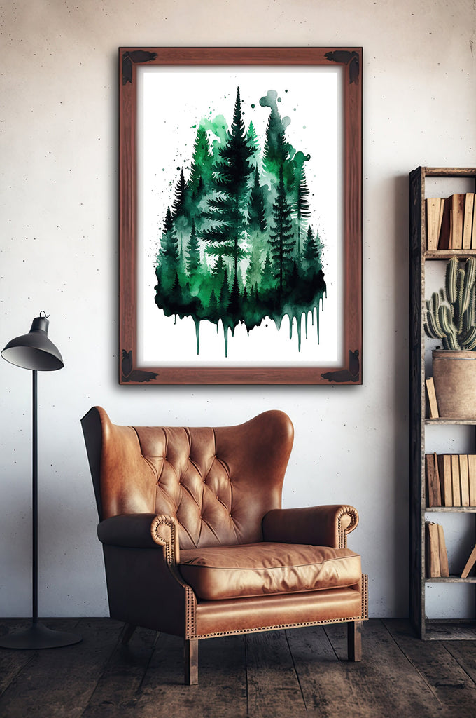 Watercolor Forest Landscape Sage Green Wall Art Painting Pine Tree Nature Landscape Gift Woodland Home Decor