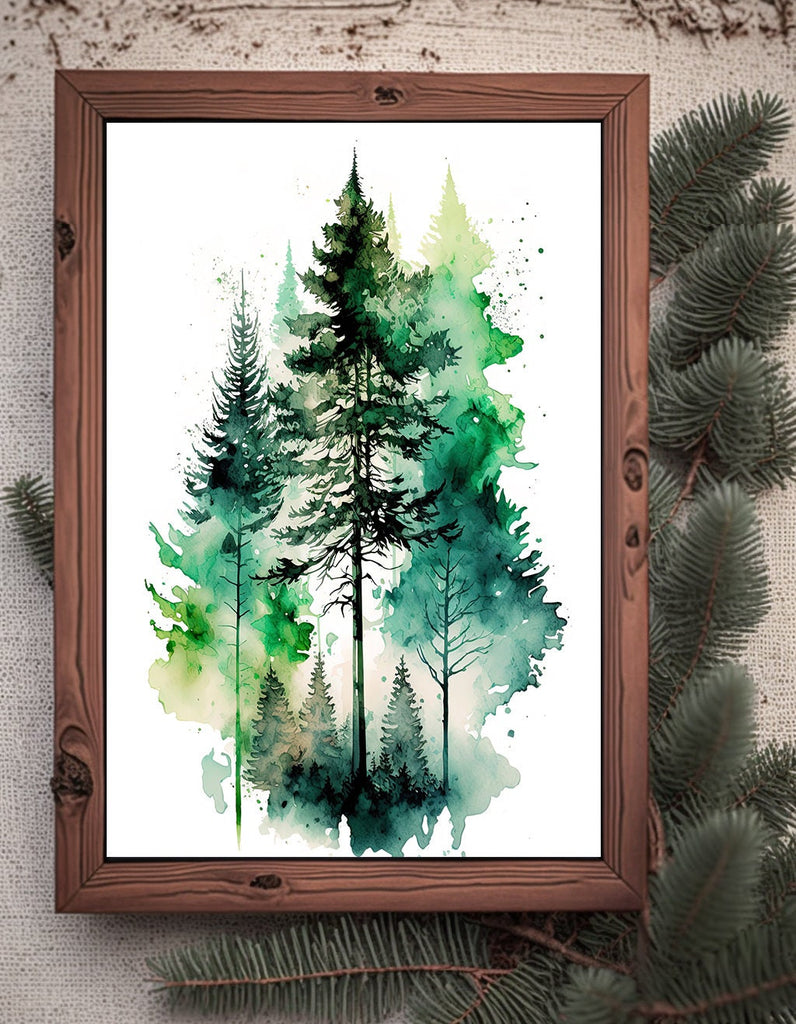 Watercolor Forest Landscape Sage Green Wall Art Painting Pine Tree Nature Landscape Gift Woodland Home Decor