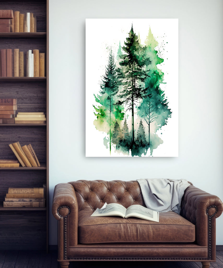 Watercolor Forest Landscape Sage Green Wall Art Painting Pine Tree Nature Landscape Gift Woodland Home Decor