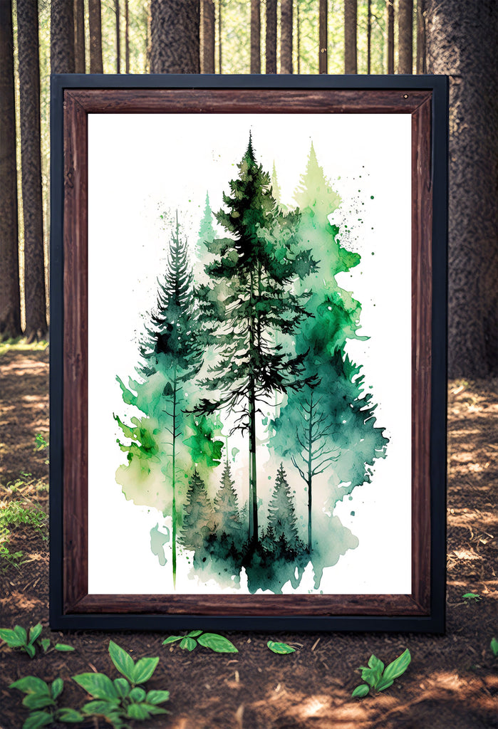 Watercolor Forest Landscape Sage Green Wall Art Painting Pine Tree Nature Landscape Gift Woodland Home Decor