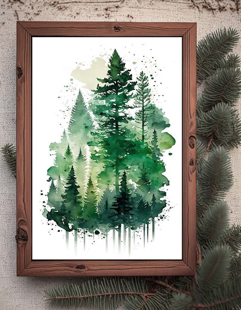 Watercolor Forest Landscape Sage Green Wall Art Painting Pine Tree Nature Landscape Gift Woodland Home Decor