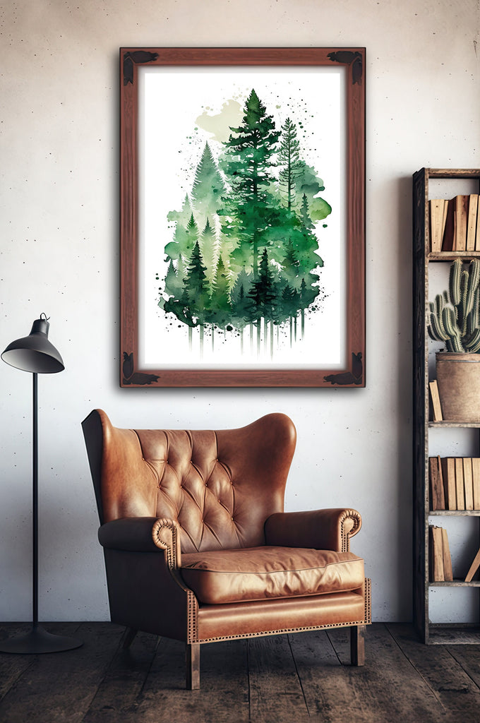 Watercolor Forest Landscape Sage Green Wall Art Painting Pine Tree Nature Landscape Gift Woodland Home Decor