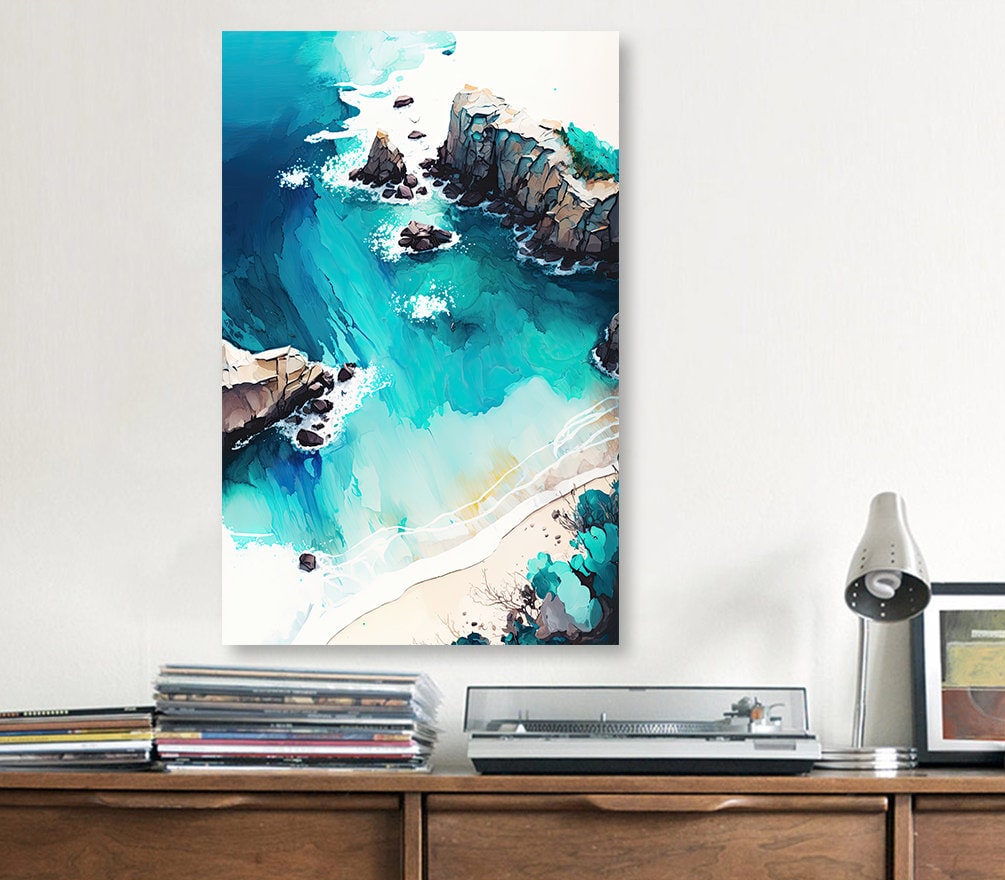 Beach Ocean Waves Print Colorful Watercolor Wall Art Tropical Nature Gift Coastal Landscape Home Decor