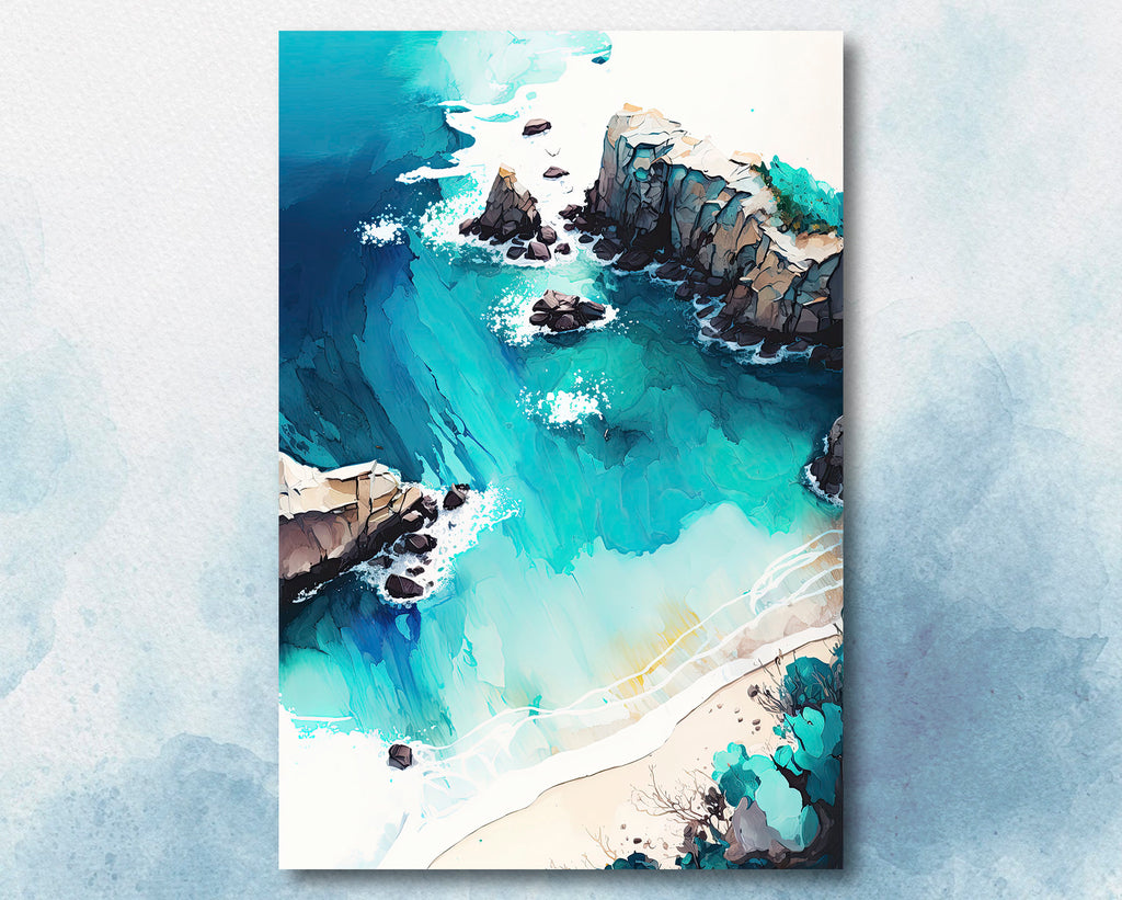 Beach Ocean Waves Print Colorful Watercolor Wall Art Tropical Nature Gift Coastal Landscape Home Decor