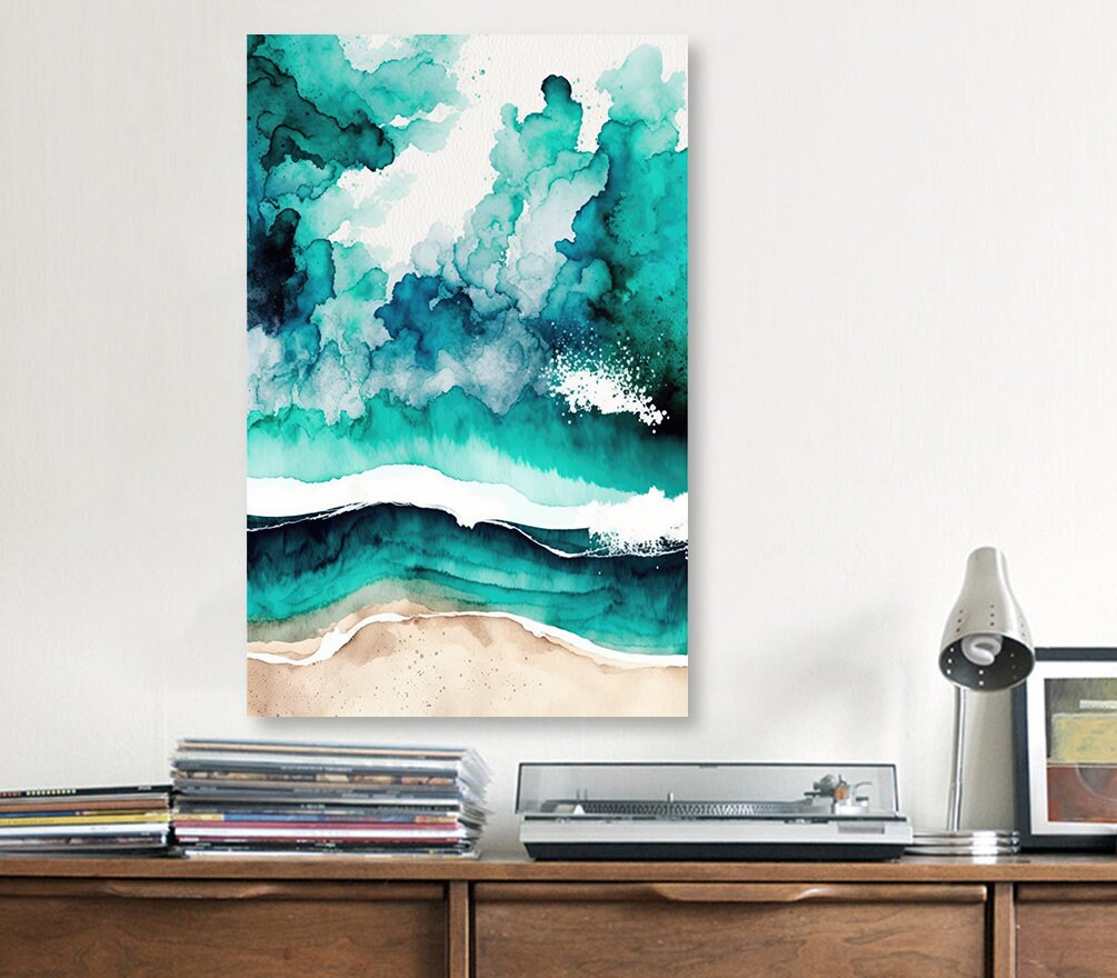 Beach Ocean Waves Print Colorful Watercolor Wall Art Tropical Nature Gift Coastal Landscape Home Decor