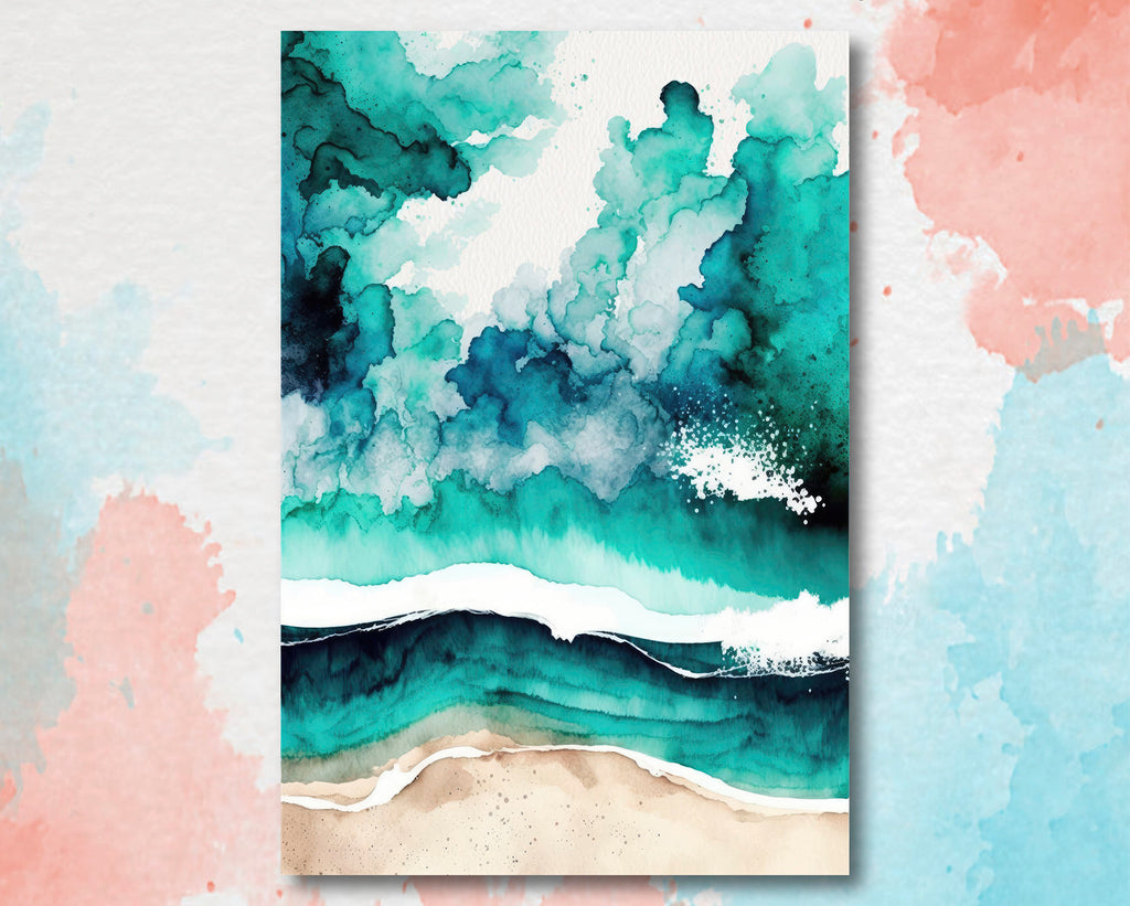 Beach Ocean Waves Print Colorful Watercolor Wall Art Tropical Nature Gift Coastal Landscape Home Decor