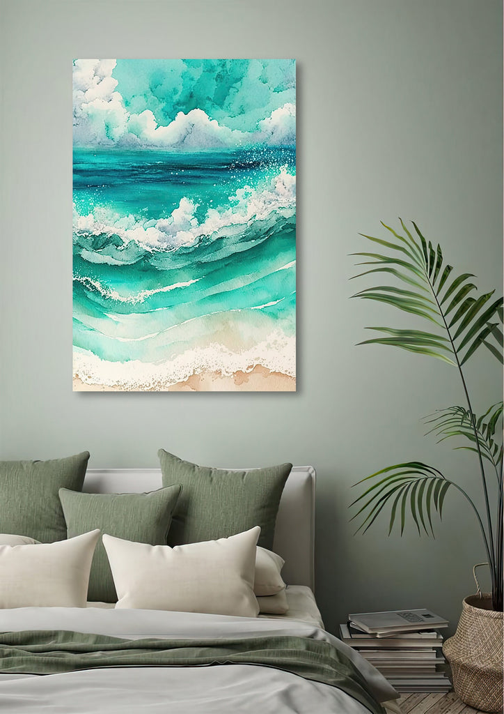 Beach Ocean Waves Print Colorful Watercolor Wall Art Tropical Nature Gift Coastal Landscape Home Decor