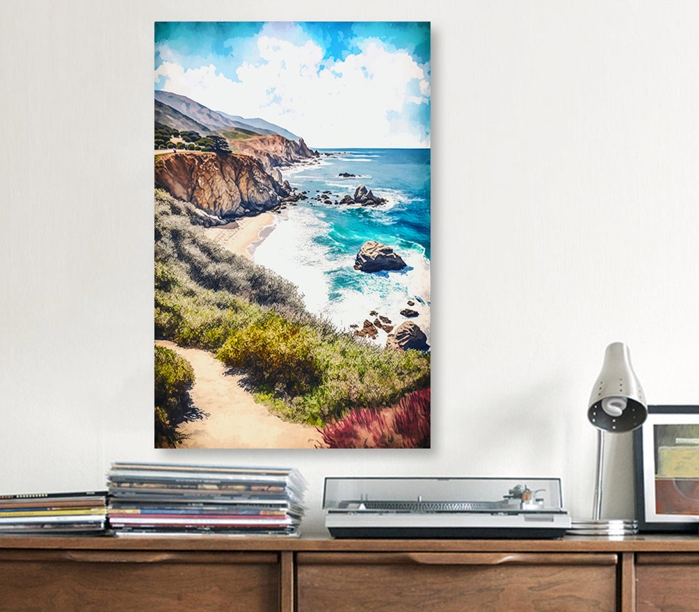 California Big Sur Beach Print Watercolor Ocean Wall Art Tropical Nature Gift Coastal Landscape Home Decor