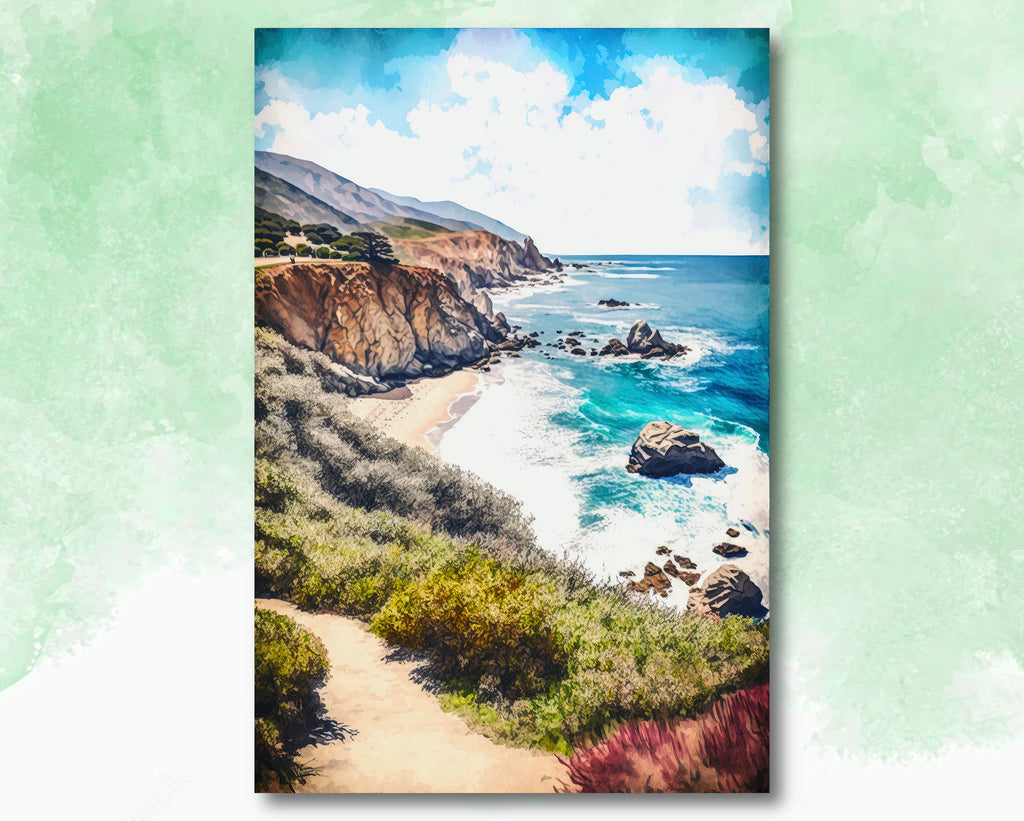 California Big Sur Beach Print Watercolor Ocean Wall Art Tropical Nature Gift Coastal Landscape Home Decor