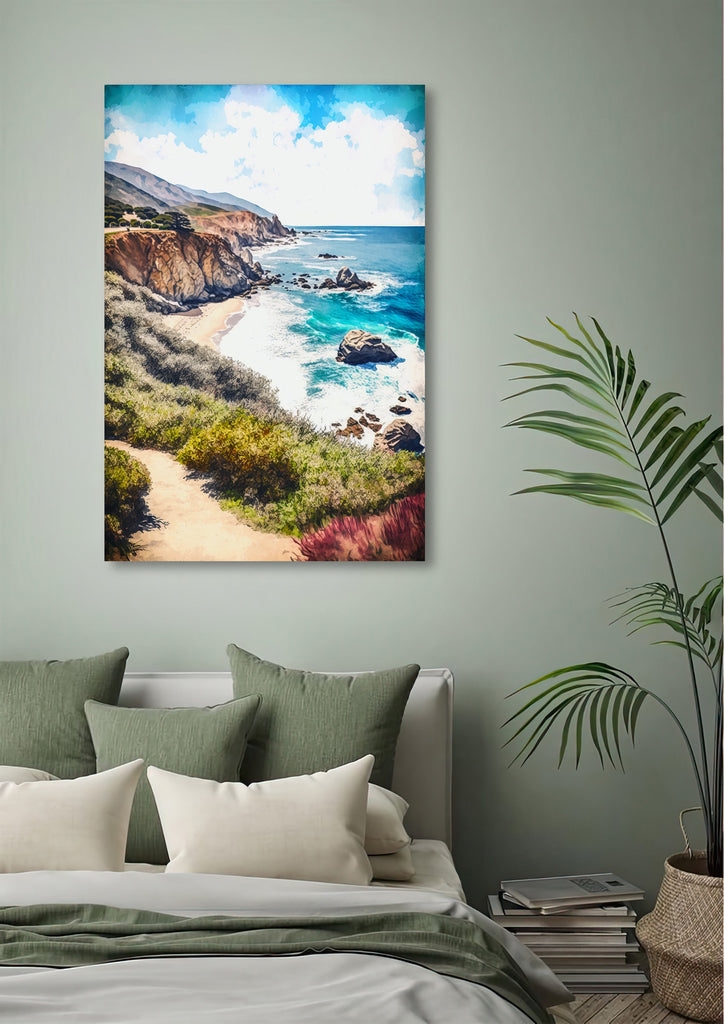 California Big Sur Beach Print Watercolor Ocean Wall Art Tropical Nature Gift Coastal Landscape Home Decor