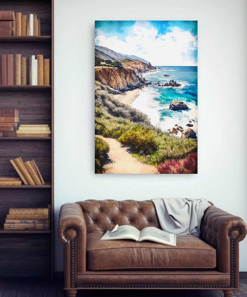 California Big Sur Beach Print Watercolor Ocean Wall Art Tropical Nature Gift Coastal Landscape Home Decor