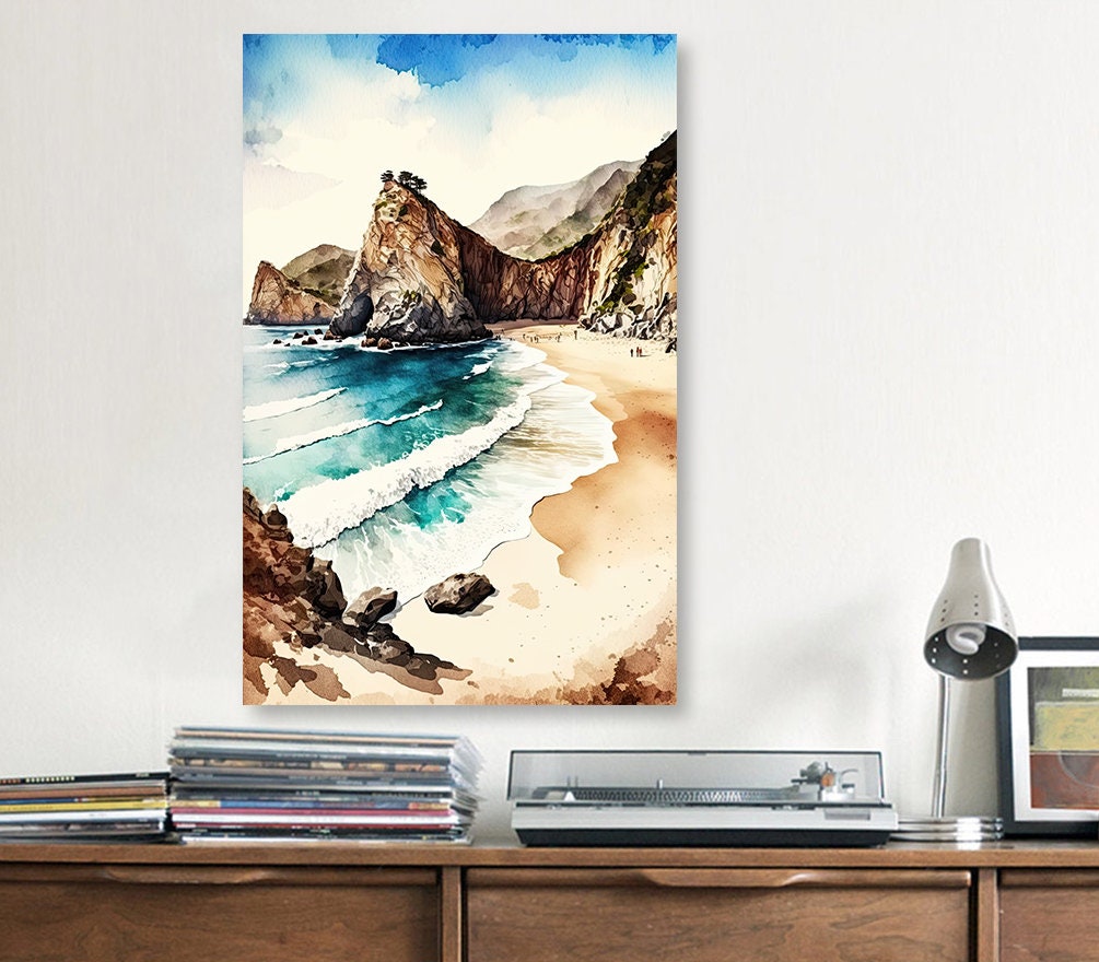 California Big Sur Beach Print Watercolor Ocean Wall Art Tropical Nature Gift Coastal Landscape Home Decor