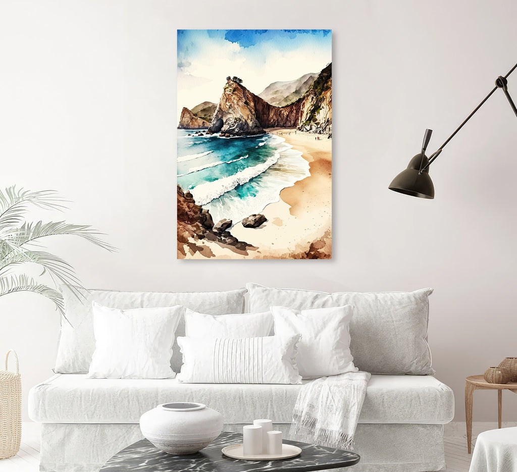 California Big Sur Beach Print Watercolor Ocean Wall Art Tropical Nature Gift Coastal Landscape Home Decor