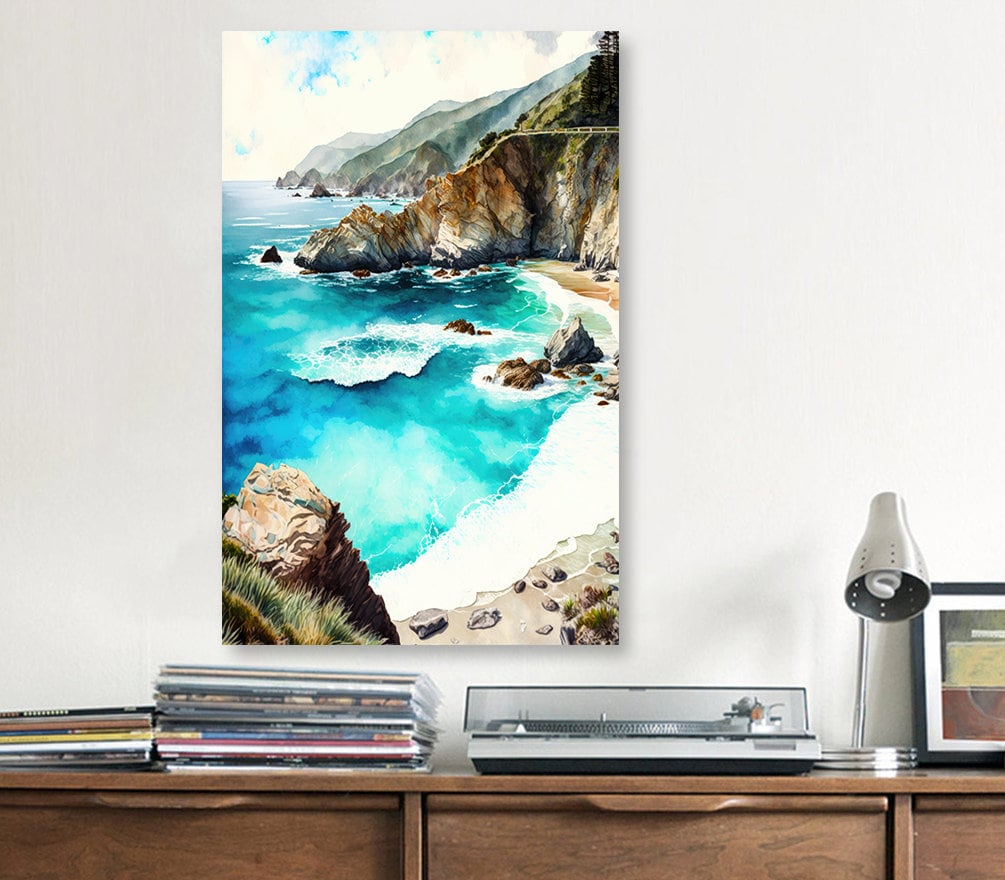 California Big Sur Beach Print Watercolor Ocean Wall Art Tropical Nature Gift Coastal Landscape Home Decor