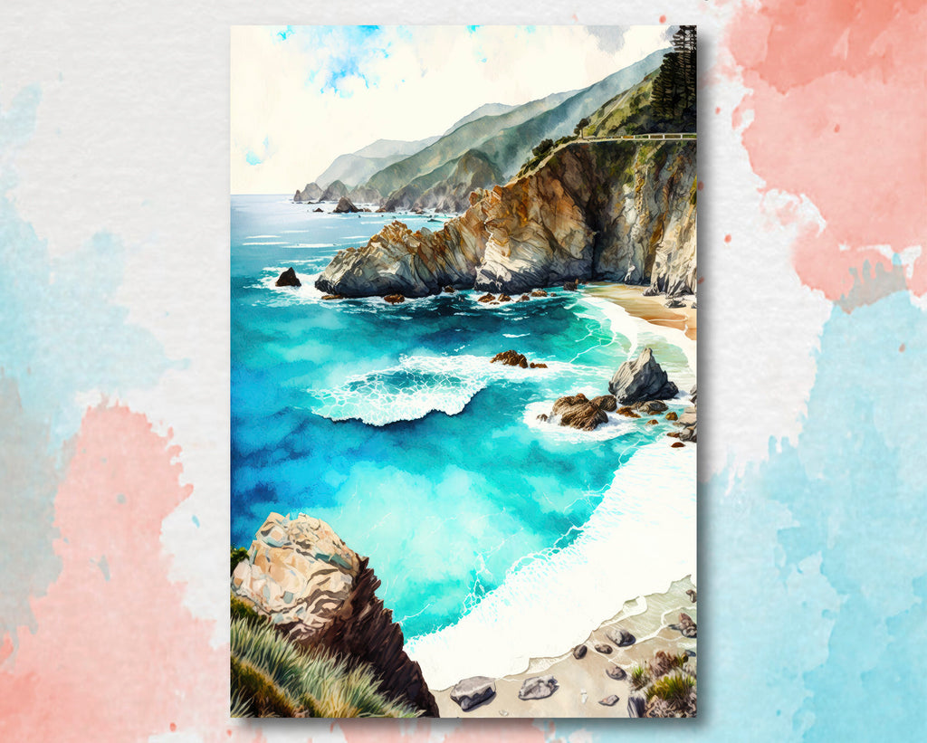 California Big Sur Beach Print Watercolor Ocean Wall Art Tropical Nature Gift Coastal Landscape Home Decor