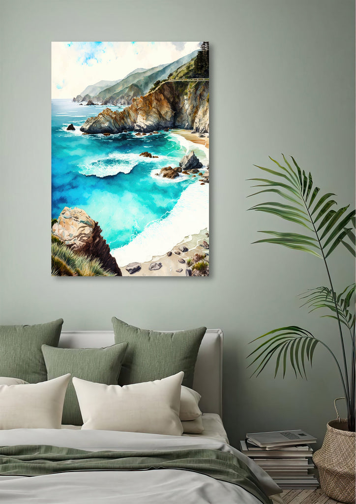 California Big Sur Beach Print Watercolor Ocean Wall Art Tropical Nature Gift Coastal Landscape Home Decor