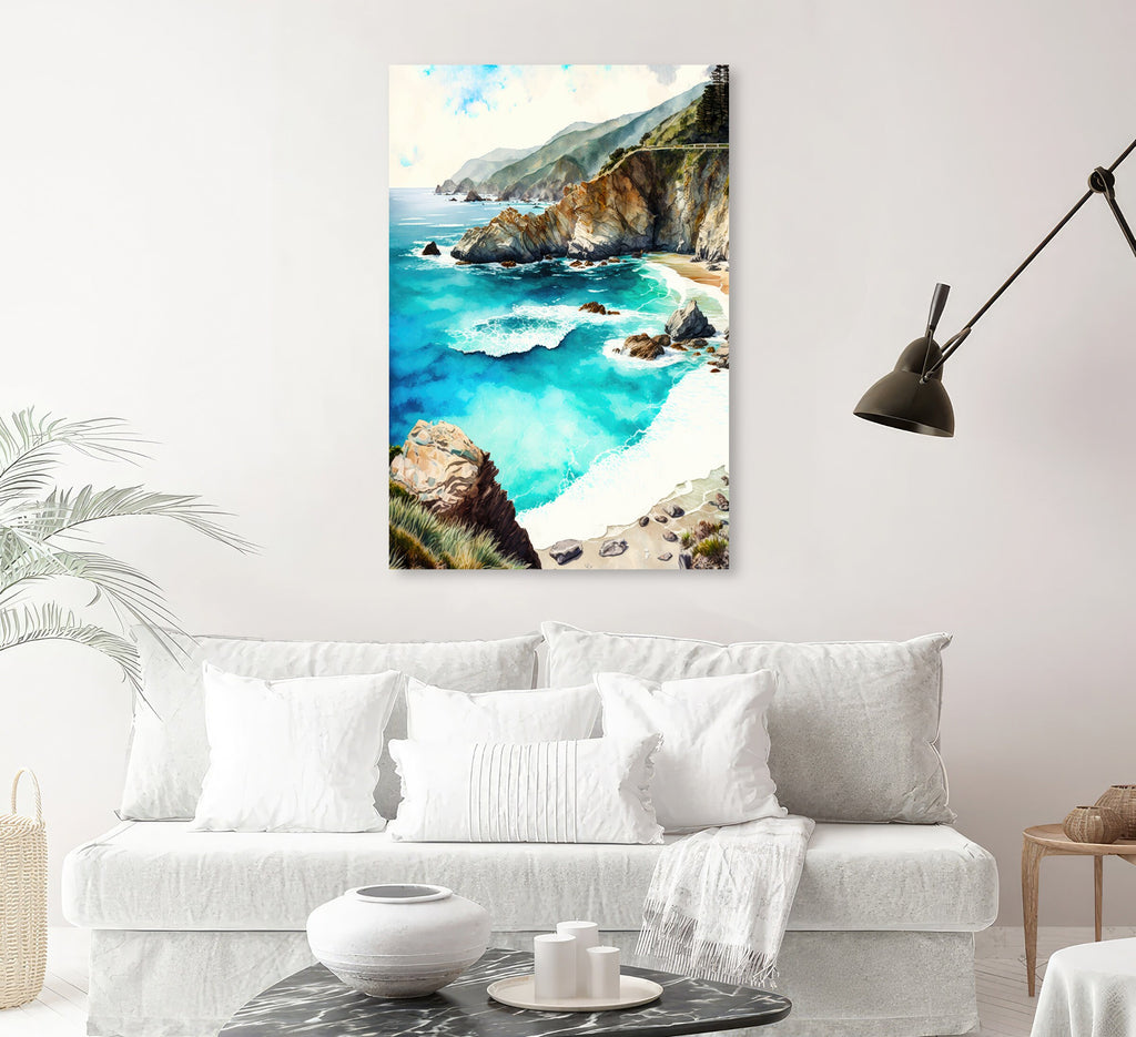 California Big Sur Beach Print Watercolor Ocean Wall Art Tropical Nature Gift Coastal Landscape Home Decor