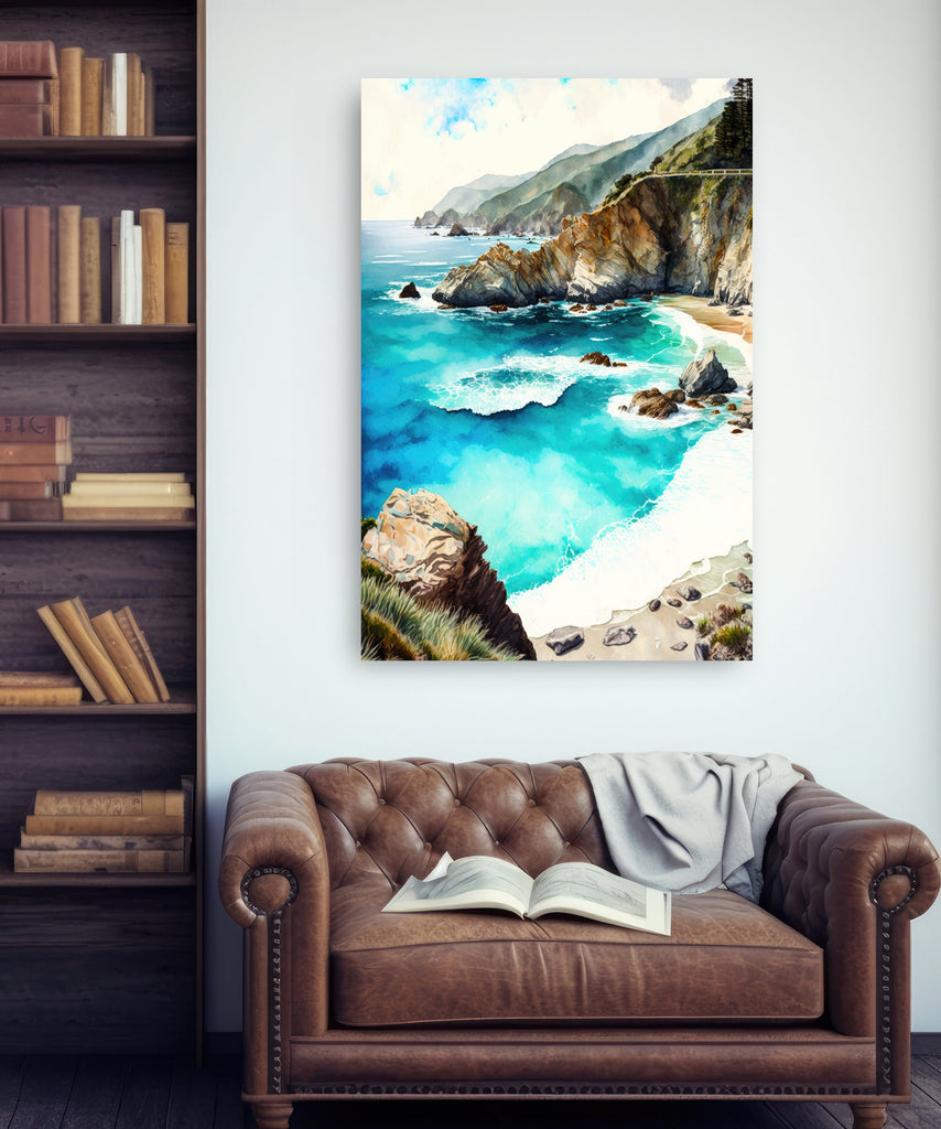 California Big Sur Beach Print Watercolor Ocean Wall Art Tropical Nature Gift Coastal Landscape Home Decor