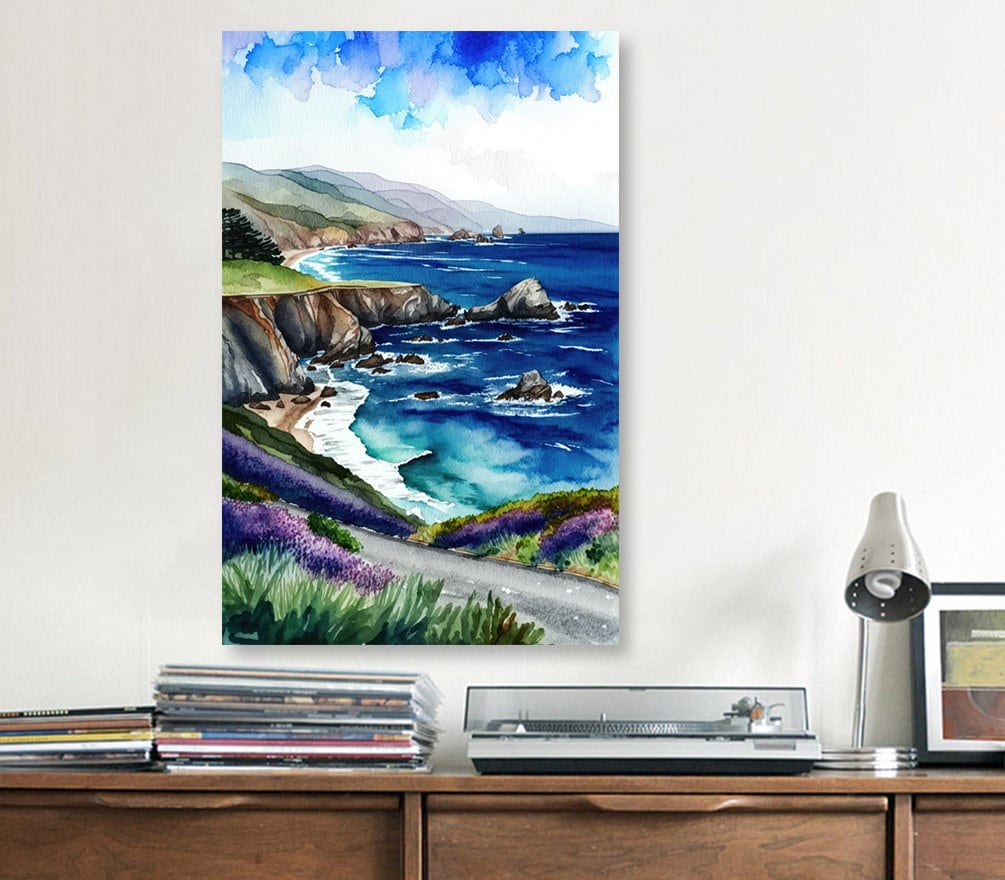 California Big Sur Beach Print Watercolor Ocean Wall Art Tropical Nature Gift Coastal Landscape Home Decor