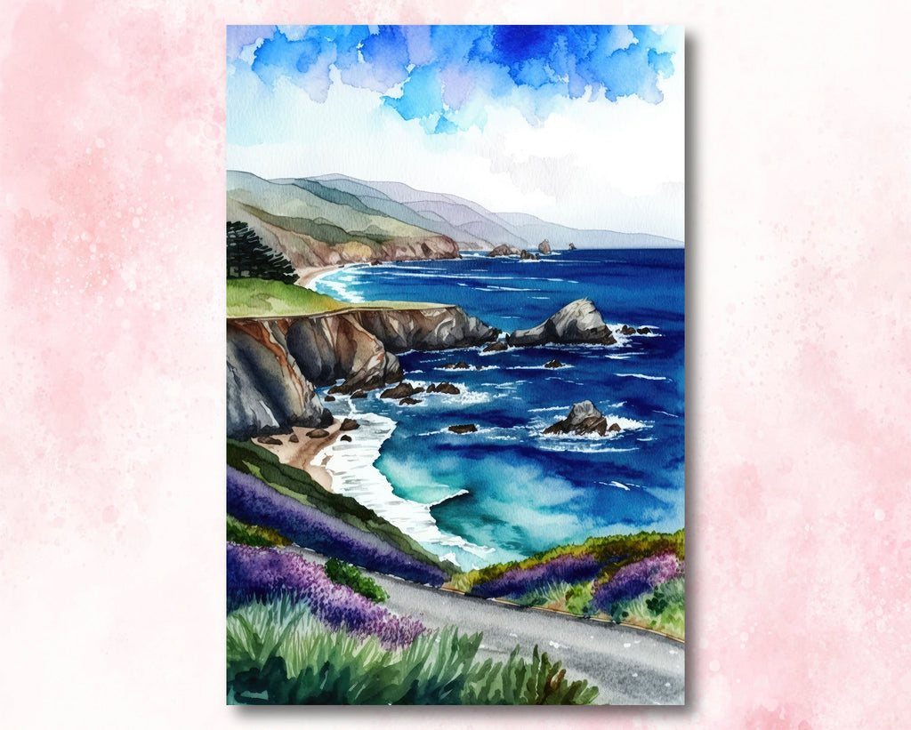 California Big Sur Beach Print Watercolor Ocean Wall Art Tropical Nature Gift Coastal Landscape Home Decor